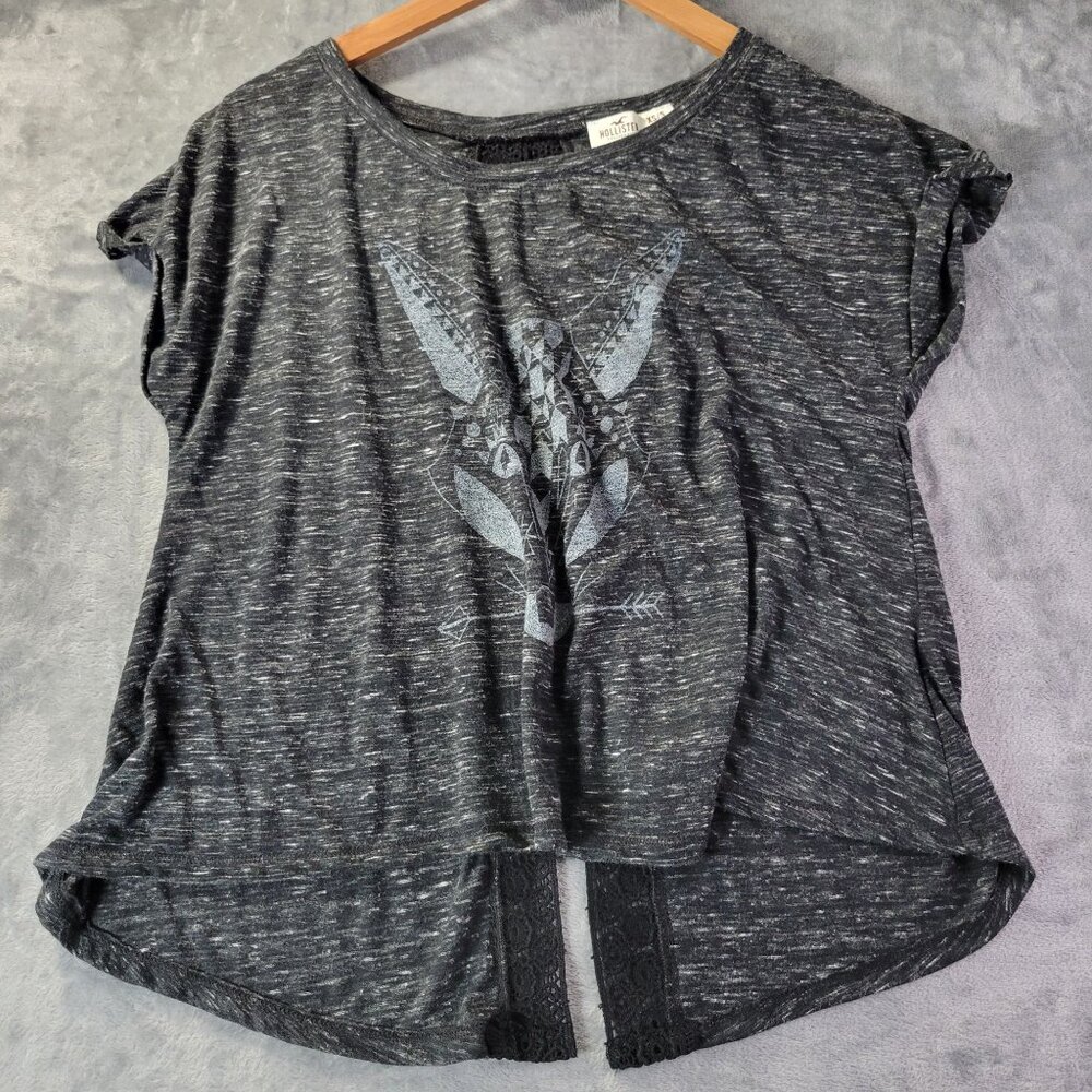 Hollister Womens Graphic Split Back Top XS/S Black Gray Boho Lace Detail Casual